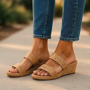 Kenneth Cole Gentle Souls “Gisfle Two Strap” Cork Wedge Slide Sandal – US 9